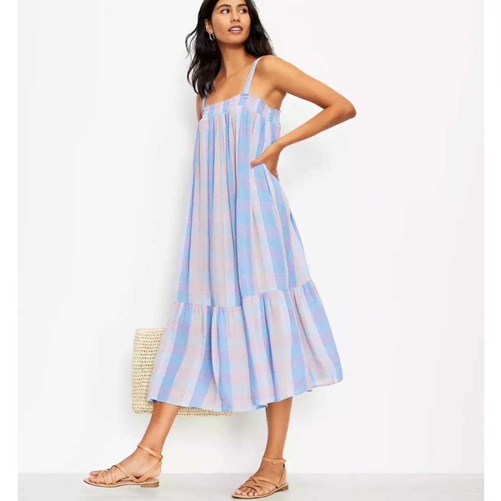NWOT Loft Plaid Ruffle Hem Midi Dress
